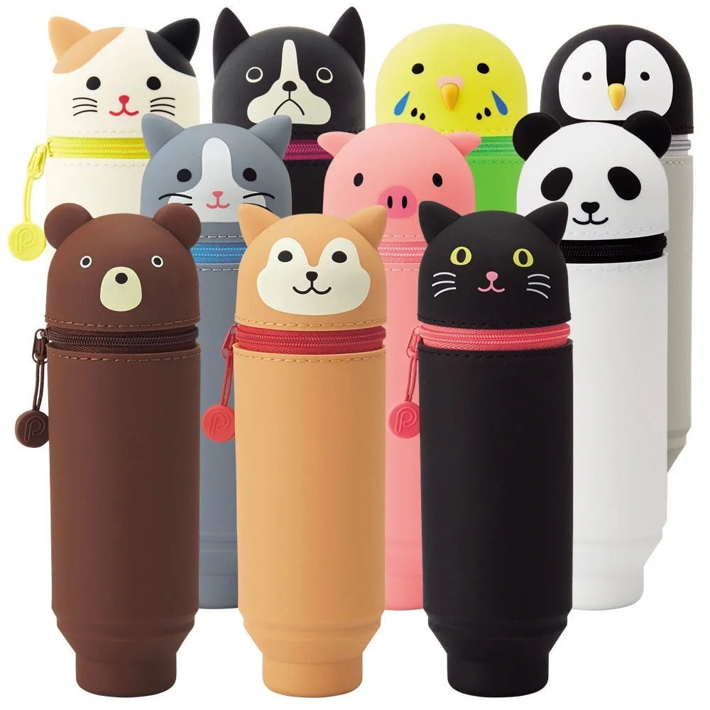 Penguin Stand Pen Case - Light Grey & White